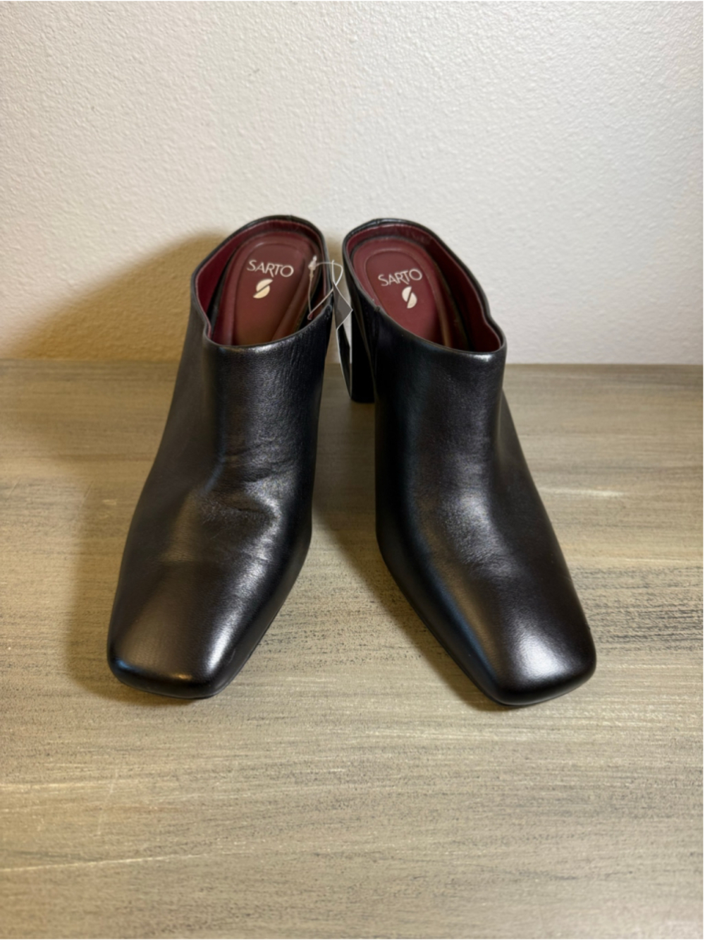 SARTO Franco Sarto Flexa Black Leather Block Heel Mules NWT Size 9